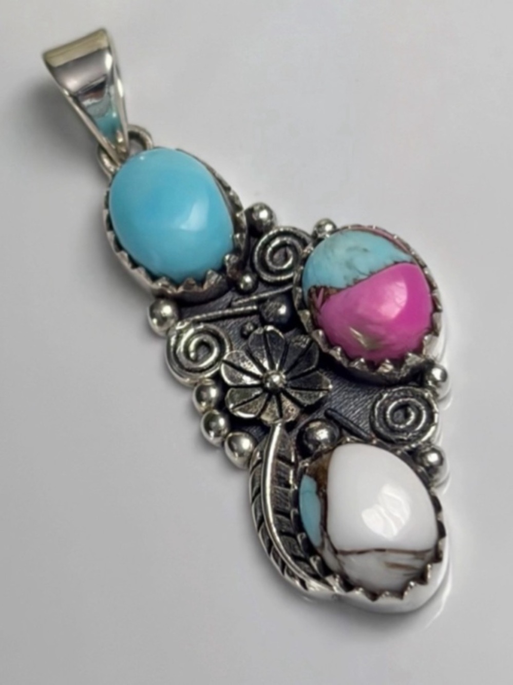 Sterling Silver 925 Genuine Cotton Candy Dahlia Kingman Turquoise Pendant - Picture 3 of 8